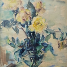 'שושנים צהובות בכד זכוכית' - ציור ישן, אקוורל על נייר, חתום