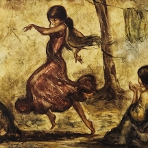 'נשים רוקדות' - הדפס על בד (הדפסת ג'יקלה), חתום בפלטה: 'Lopez Diez granada'