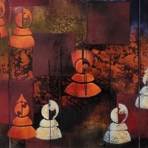 'כלי שחמט במרחב' - ציור אריחי קרמיקה