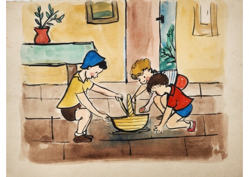 רות שלוס, (Ruth Schloss) - ציור ישן, מתוך סדרת איורים למצגות לילדים משנות ה-50