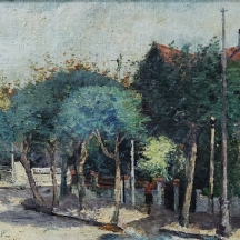 זומה בייטלר (Zoma Baitler) - 'אישה לבושה אדום בשדרה' - שמן על בד, חתום ומתוארך