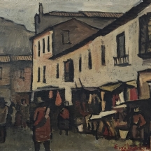 אדגרדו ריביירו (Edgardo Ribeiro) - 'שוק רחוב לאורך מבנה אפור'