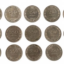 15 מטבעות ישנים של 250 פרוטה משנת 1948 תש"ט (מקום המדינה), קוטר: 3 ס"מ.