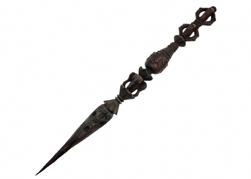 מקל הליכה עתיק בצורת פגיון ואג'רה (vajra) טיבטי, עשוי עץ מגולף והקצה המחודד