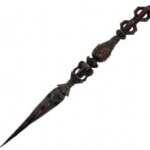 מקל הליכה עתיק בצורת פגיון ואג'רה (vajra) טיבטי, עשוי עץ מגולף והקצה המחודד