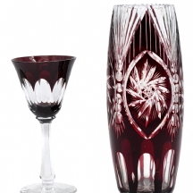 לוט של 2 חפצי נוי מקריסטל מרובד בבורדו על שקוף