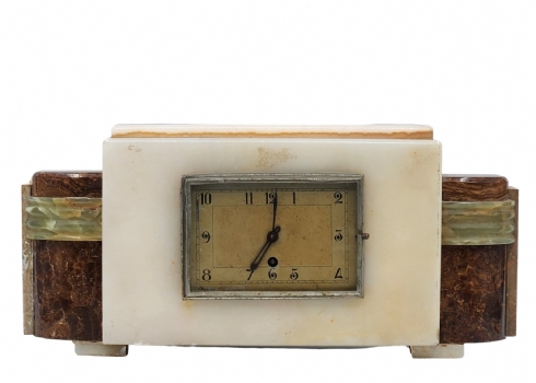 שעון שולחני אר דקו מקורי ישן וכבד, עשוי אוניקס, שיש, קוורץ ומתכת