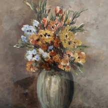 'פרחים באגרטל אפור' - שמן על נייר