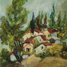 ראובן אלקה - 'בתים בבנימינה', שמן על לוח