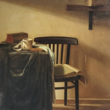 אורי גיל - 'חדר המתנה', שמן על נייר מוצמד ללוח