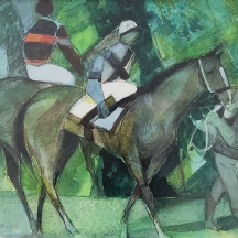 קאמיל הילרי (צייר צרפתי, Camille Hilaire, 1916-2004) - 'במרוץ הסוסים' - אקוורל ע