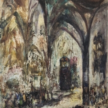 צבי רפאלי (Zvi Raphaely) 'דמויות בסימטה' - ציור ישן, שמן על בד, חתום