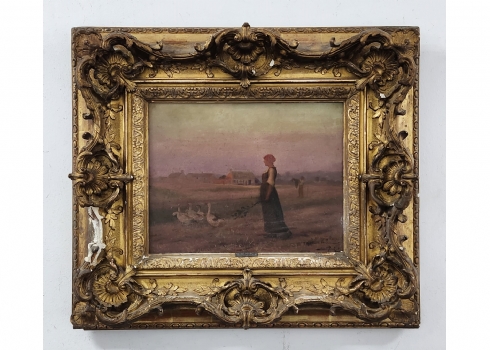 אמה פרט (Aime Perret, צרפת, 1846-1927) - 'רועת אווזים', ציור עתיק