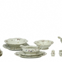 חלקי סט פורצלן גרמני ישן, מעוטר בהדפסי פרחים צבעוניים ופס זהב לאימרה