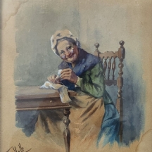 'הרוקמת' - גואש ואקוורל על נייר, חתום 'Valle' (כתמי מים, פגמים למסגרת)