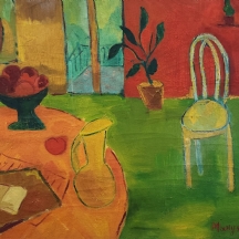 'פנים חדר עם קיר אדום ורצפה ירוקה' - שמן על בד (סדקים לצבע), חתום