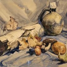 'טבע דומם עם בול עץ ופטריות' - אקוורל על נייר, לא חתום, אמן לא ידוע, חור קטן