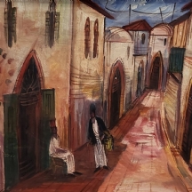 'שתי דמויות ביפו' - שמן וגואש על לוח (סדקים לצבע), חתום: lambert