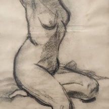'ערום נשי מתמתחת' - רישום פחם על נייר, חתום ומתוארך: 1987