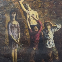 'קינה' - ציור ישן, שמן על בד, פגם בבד בפינה הימנית העליונה (מצולם), חתום בראשי