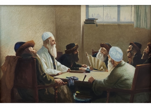 'קריאת המגילה' - ציור יודאיקה גדול ומרשים, שמן על בד, חתום (נשמח לעזרה בזיהוי הא