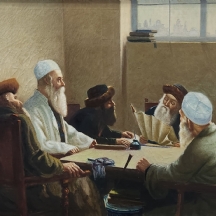 'קריאת המגילה' - ציור יודאיקה גדול ומרשים, שמן על בד, חתום (נשמח לעזרה בזיהוי הא