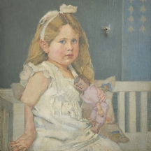 'ילדה ובובה' - ציור ישן, שמן על בד, קרעים בבד (מצולם), לא חתום, אמן לא ידוע