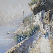 'אם וילדה מטיילות על שפת אגם איטלקי' - אקוורל וגואש על נייר, חתום, אמן לא מזוהה,