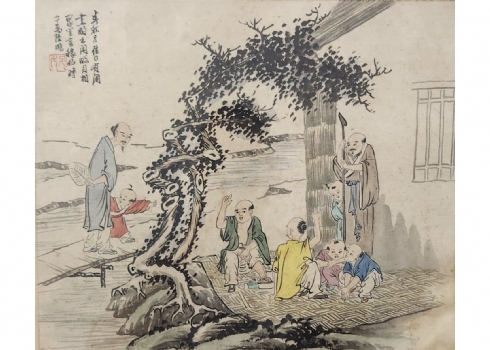 'משפחה שכזאת' - ציור סיני ישן, שמן על בד