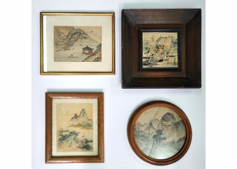 לוט של 4 תמונות סיניות ישנות ויפות, כולן מצויירות בעבודת יד על נייר