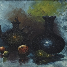 'טבע דומם עם זוג כדים ופירות' - שמן על בד מוצמד ללוח, חתום, אמן לא מזוהה