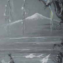 'הר מושלג בנוף פנטסטי' - ציור ישן, אקוורל על נייר אפור, חתום, אמן לא ידוע