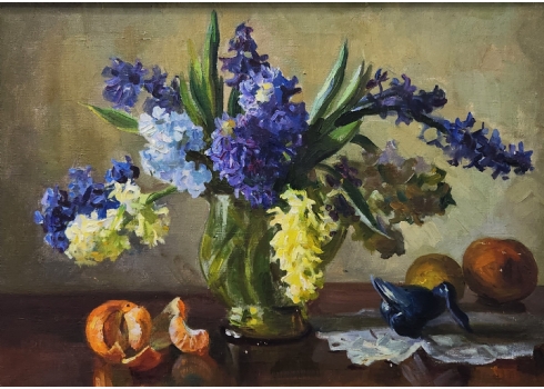 'טבע דומם עם פסלון ברבור כחול ומנדרינה' - ציור עתיק, שמן על בד, לא חתום