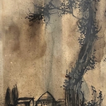 משה טוצ'מסקי (Moshe Tochemski) - 'נוף עיירה בין עצים' - ציור ישן, דיו ואקוורל