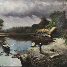 'דייג לבוש כחול על גדת נחל' - ציור אסייתי ישן, שמן על בד