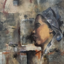 'אישה בשביס כחול' - ציור ישן ואיכותי, כפי הנראה אסייתי, אקוורל וגואש על נייר