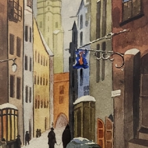 'רחוב מושלג' - ציור ישן, אקוורל על נייר, לא חתום, אמן לא ידוע