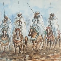 A. El Fanid - 'ארבעה בדואים על סוסים' - אקוורל על נייר, חתום ומתוארך: 1996