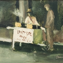 'ליד דוכן הנקניקיות' - ציור ישן, שמן על בד מוצמד ללוח, חתום(donalds ?) ומתוארך