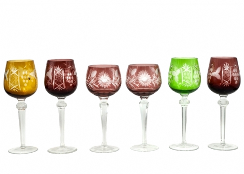 לוט של 6 גביעי קריסטל צבעוניים מתוצרת 'Verrerie de Fains'