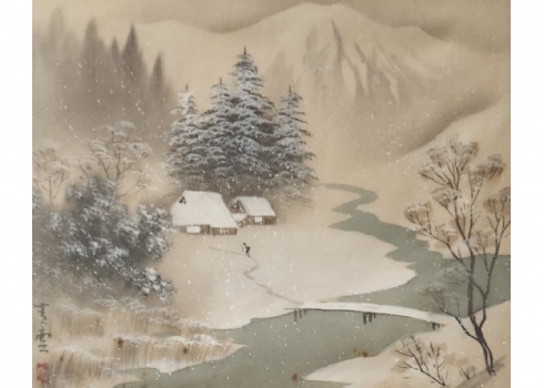 'הלך בנוף מושלג' - ציור יפני מאמצע המאה העשרים, גואש על נייר, חתום