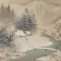 'הלך בנוף מושלג' - ציור יפני מאמצע המאה העשרים, גואש על נייר, חתום