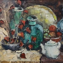 אד אדלר (Ed Adler) - 'דומם עם כלים על רקע קיר חום' - שמן על בד, חתום, חתום