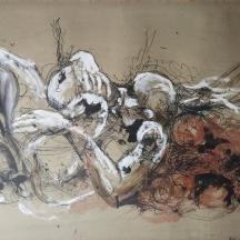 'הריונית' - ציור ישן, רישום דיו, גואש ואקוורל על נייר, חתום ומתוארך: 1985
