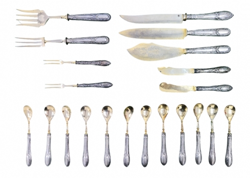 לוט של חלקי סט סכו"ם גרמני ישן (פריטים שונים), מוזהב, ידיות עשויות כסף 800'