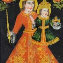 לוח זכוכית עתיק מצוייר מצידו ההפוך Reverse painting on glass בדמות קדושה נוצרית