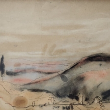 יצחק פרנקל פרנל (Isaac Frenel Frenkel) - 'ברוש שחור בנוף' - רישום דיו וגירי פסטל