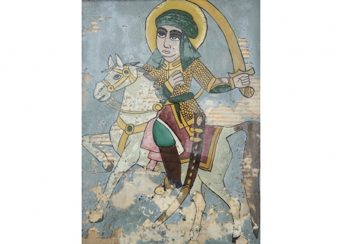 לוח זכוכית רומני עתיק, מצוייר מצידו ההפוך (Reverse painting on glass) בדמות קדוש