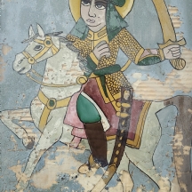 לוח זכוכית רומני עתיק, מצוייר מצידו ההפוך (Reverse painting on glass) בדמות קדוש