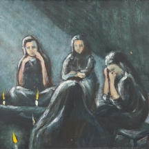 א. קפלן - 'שלוש מקוננות' - ציור שמן על לוח, קילוף צבע קטן (מצולם), חתום